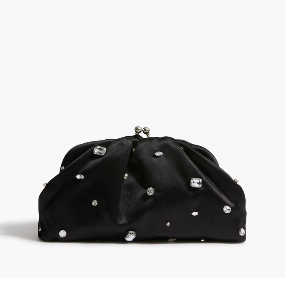 J. Crew Satin Rhinestone Clutch Evening Bag Black *Flaw*